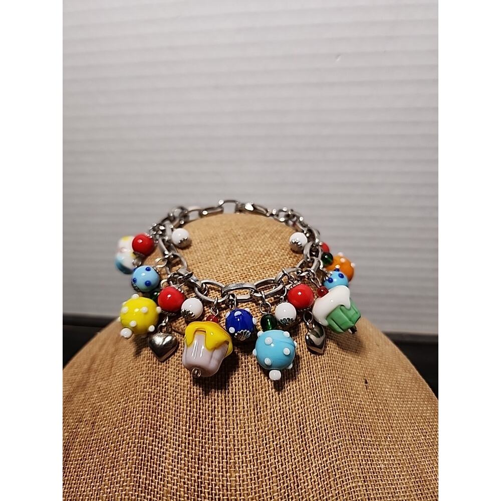 Blown Glass Charm Bracelet Cupcakes 7" Adjustable UV Reactive